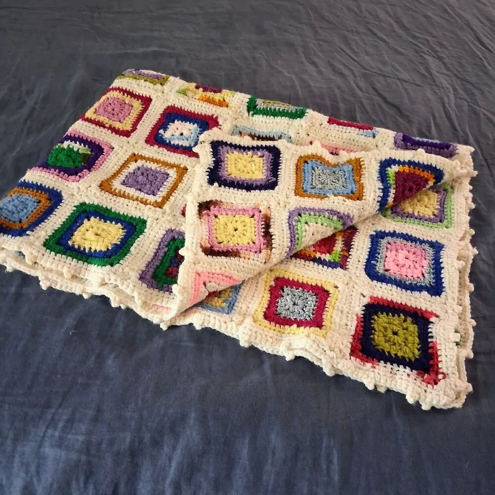Vintage Granny Square Crochet Afghan Throw 54 x 38 Handmade BOHO Colorful